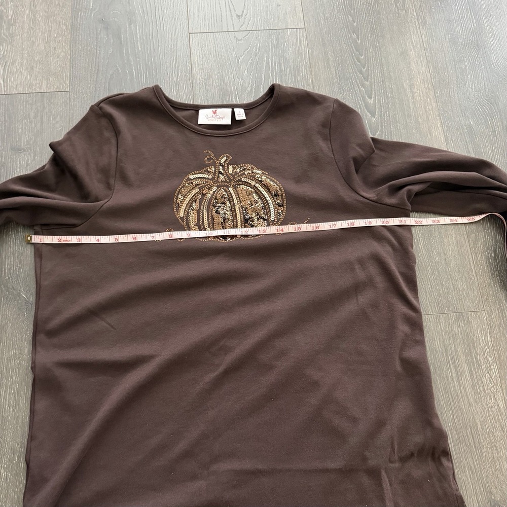Quacker Factory Brown Sequin Pumpkin Shirt Blouse Large Novelty Whimsigoth Cabin - Picture 5 of 10